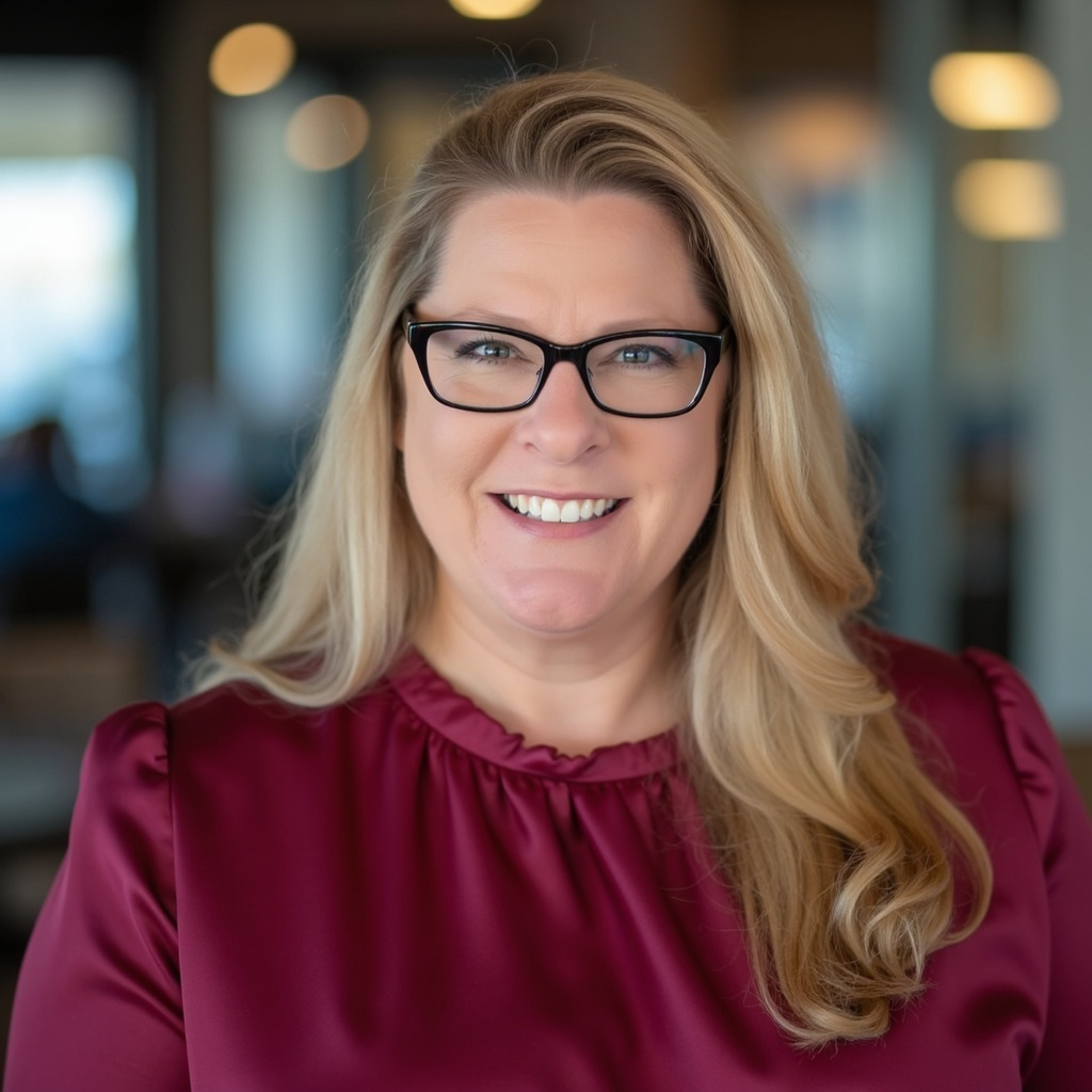 Traci Account Manager wearing a purple shirt and glasses